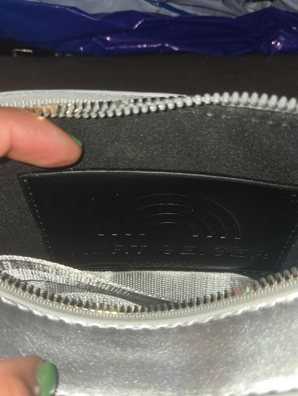 Kurt Geiger Metallic Silver Crossbody with Gold Logo - Picture 10 of 14